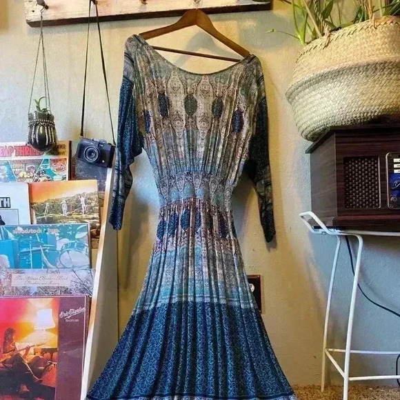 Free people reversible maxi greenish/ blue dress - Picture 2 of 16